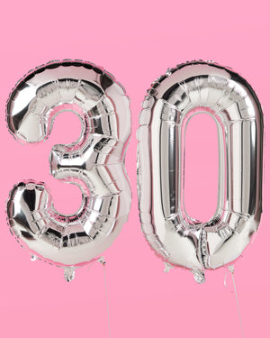 30 Number Balloons - 40" silver foil balloons