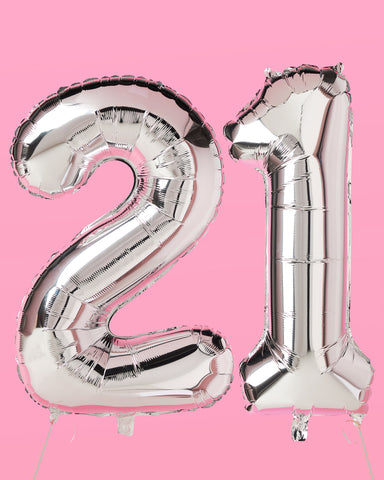 21 Number Balloons - 40" silver foil balloons