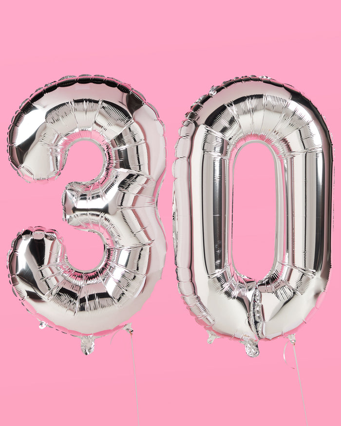 30 Number Balloons - 40" silver foil balloons