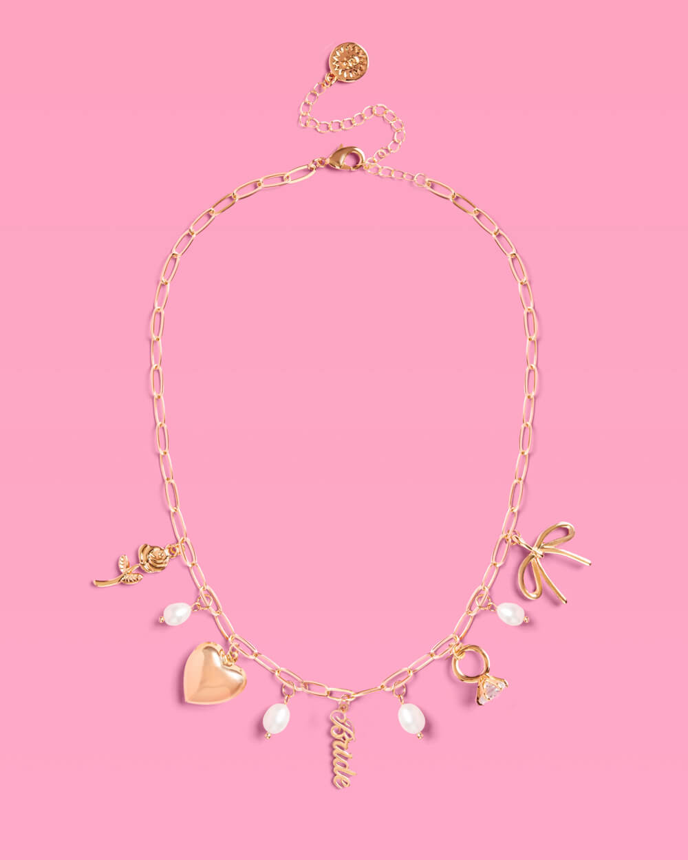 Bride Charm Necklace - gold, rhinestones + pearls