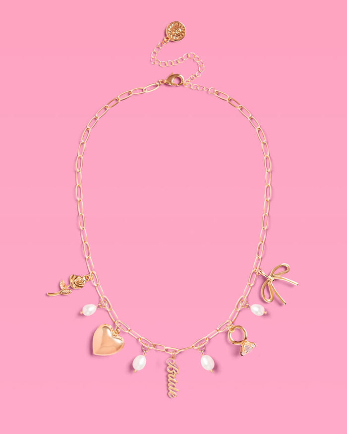 Bride Charm Necklace - gold, rhinestones + pearls