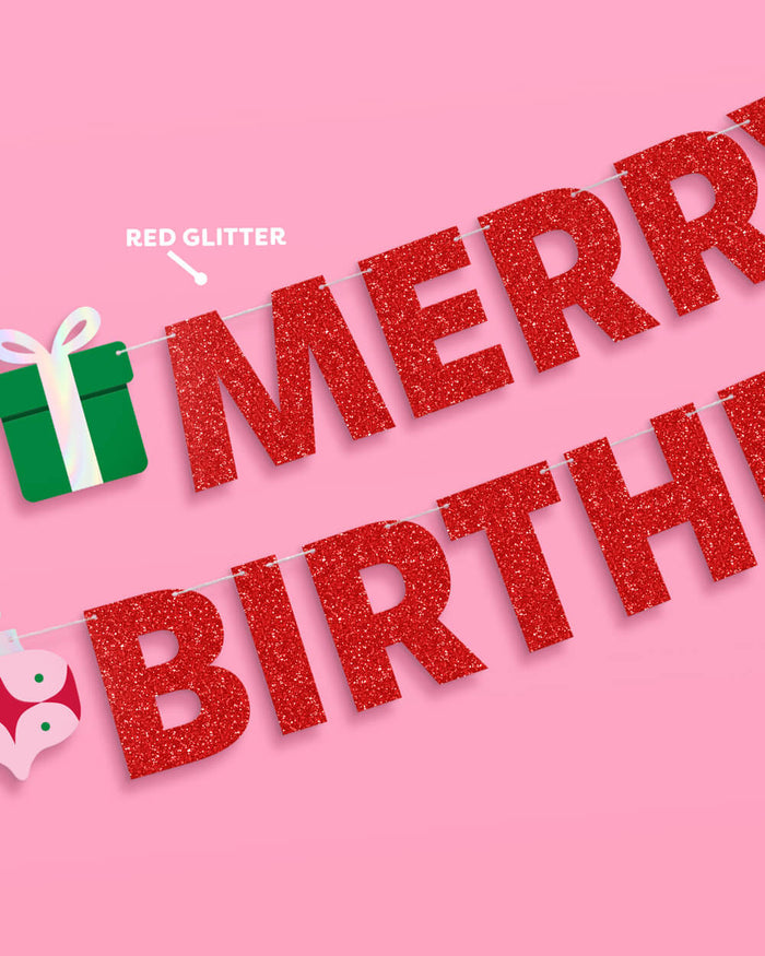 Merry Bday Banner - red glitter banner