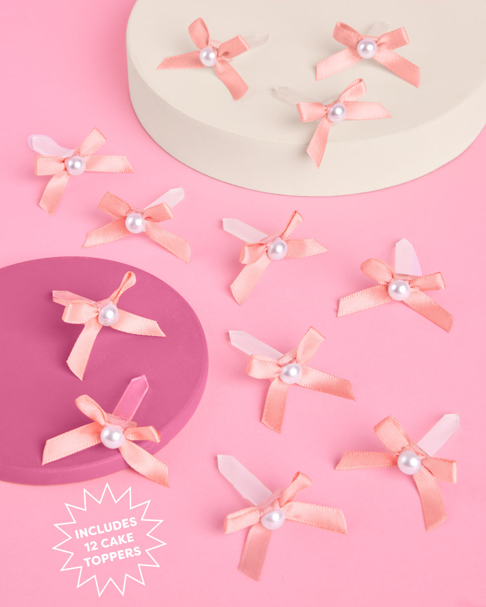 Pink Bow Cake Toppers - 12 pink + pearl cake toppers