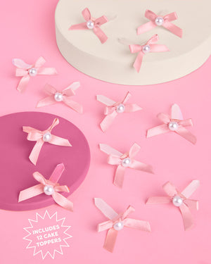 Pink Bow Cake Toppers - 12 pink + pearl cake toppers