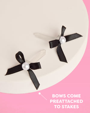 Black Bow Cake Toppers - 12 black + pearl cake toppers