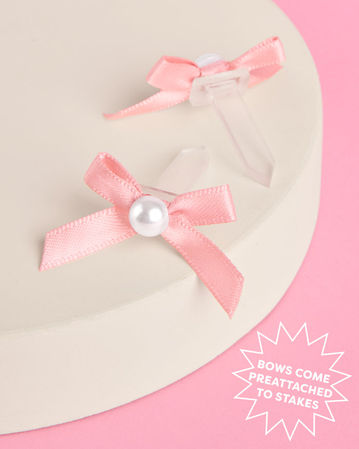 Pink Bow Cake Toppers - 12 pink + pearl cake toppers