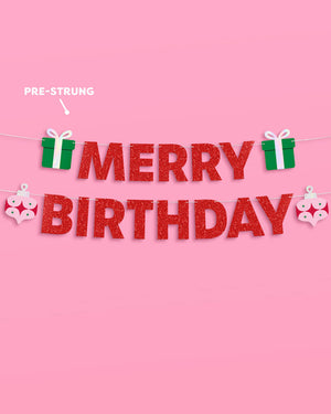 Merry Bday Banner - red glitter banner