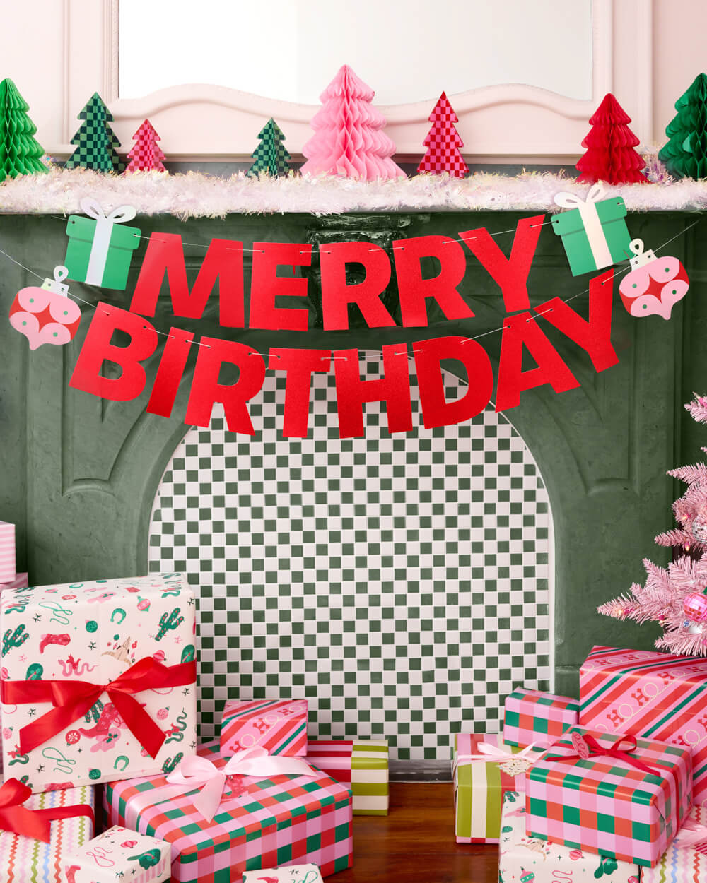 Merry Bday Banner - red glitter banner