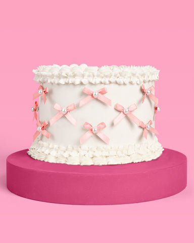 Pink Bow Cake Toppers - 12 pink + pearl cake toppers