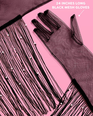 Black Fringe Gloves - black fringe + pearl gloves