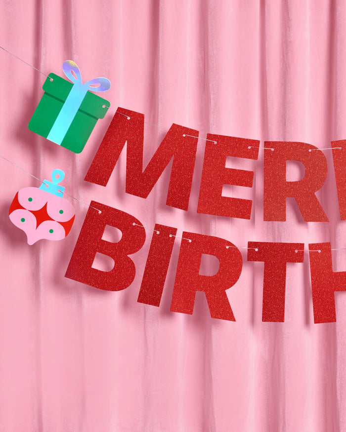 Merry Bday Banner - red glitter banner