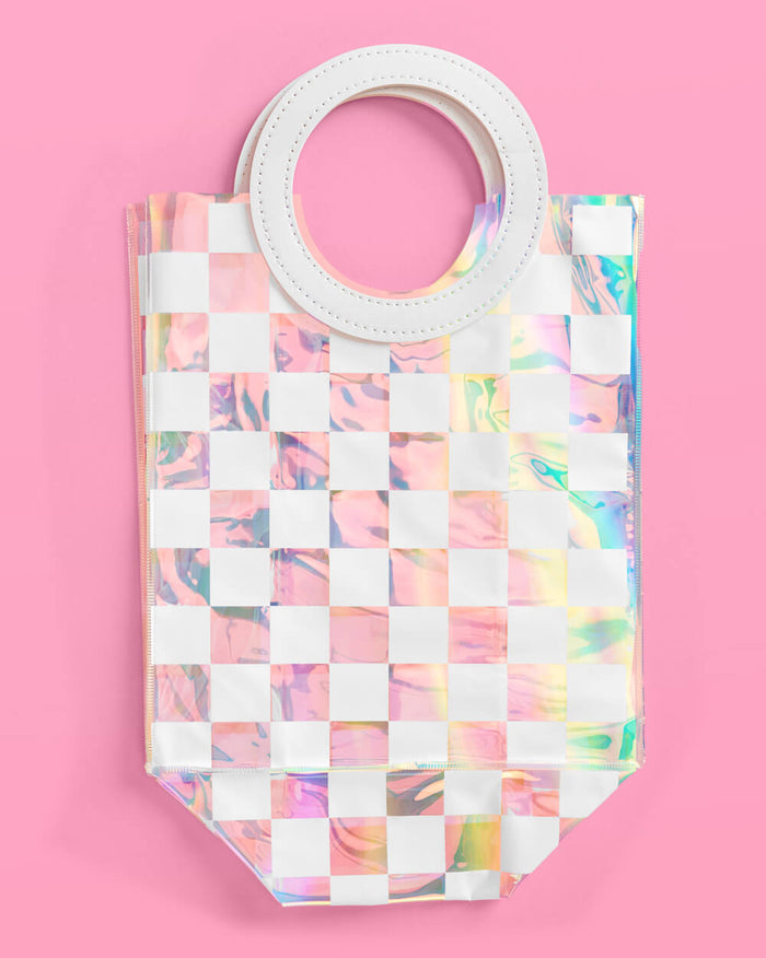 Checked Out Bags - 6 white + clear iridescent bags