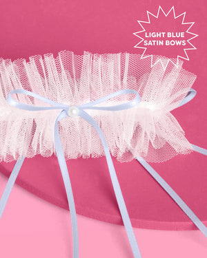 Something Blue Garter - white garter w. bows + pearls