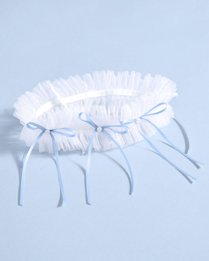 Something Blue Garter - white garter w. bows + pearls