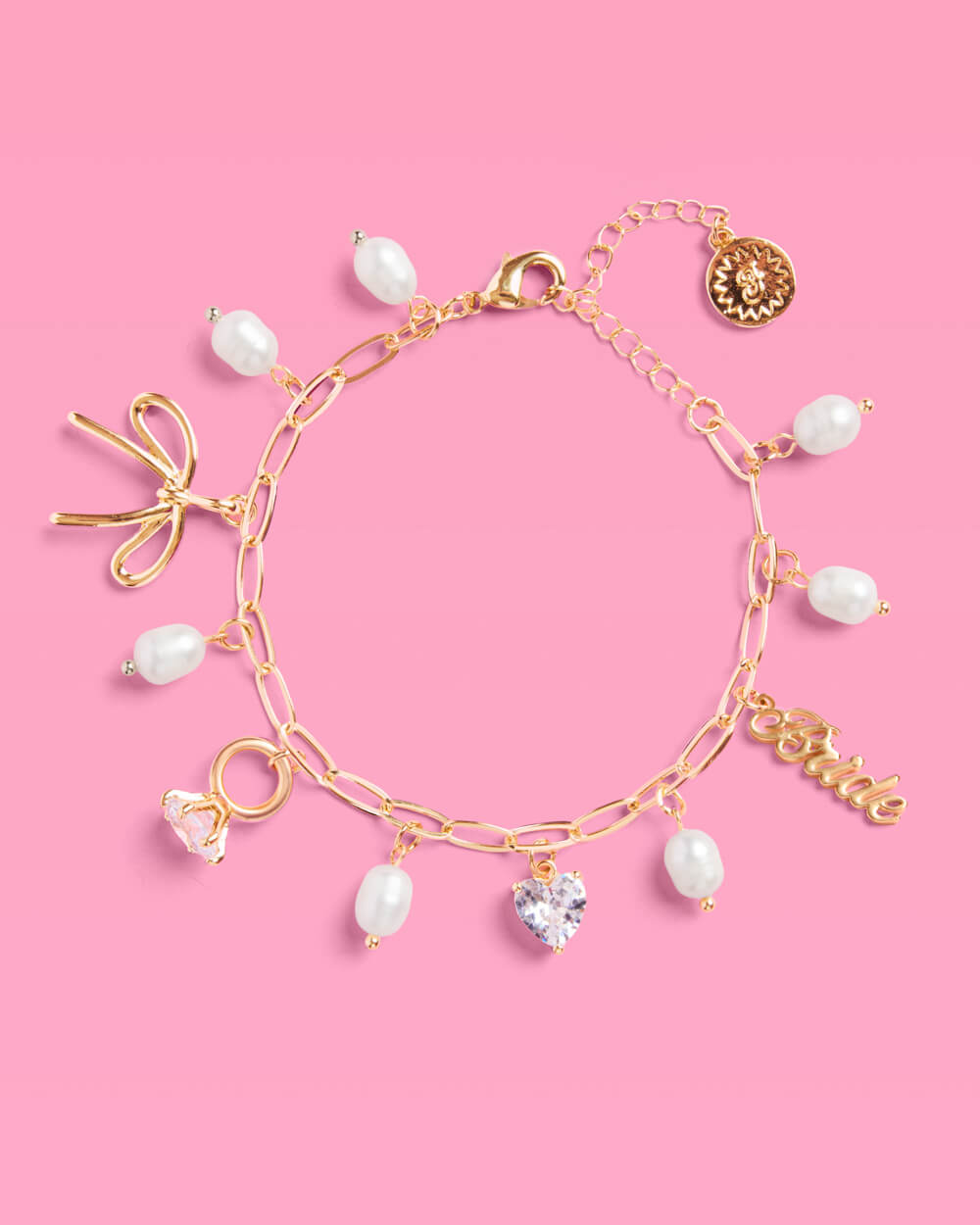 Bride Charm Bracelet - gold, rhinestones + pearls