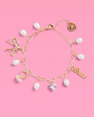 Bride Charm Bracelet - gold, rhinestones + pearls