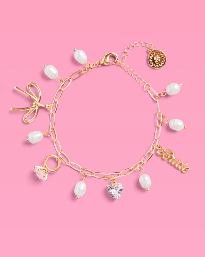 Bride Charm Bracelet - gold, rhinestones + pearls