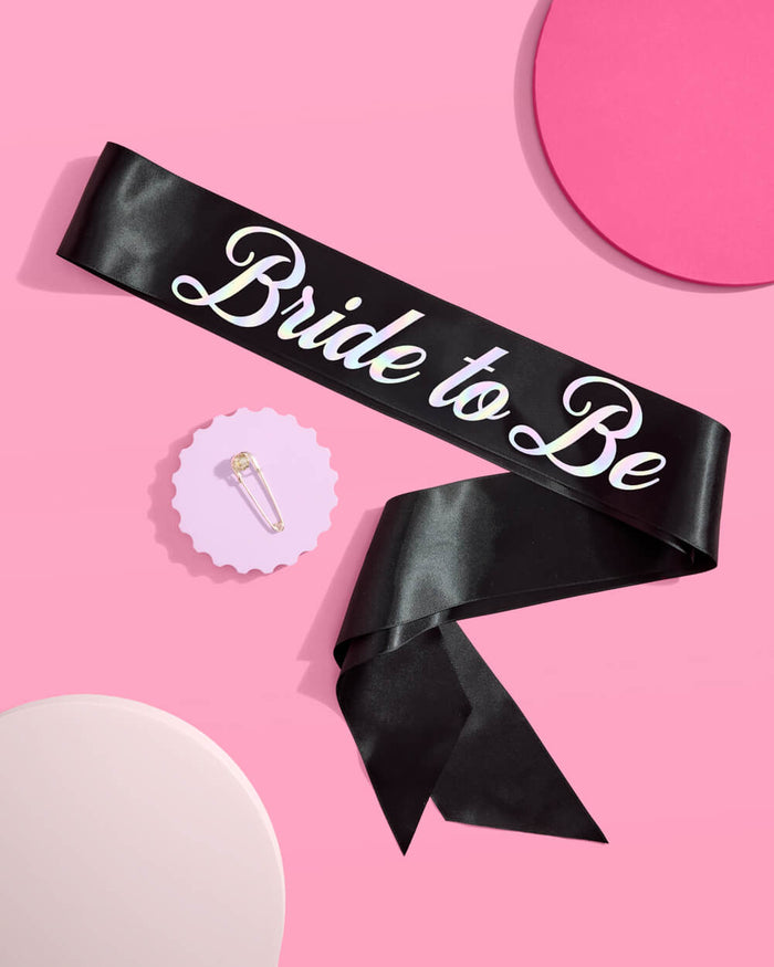 Bride or Die Sash - black silk + iridescent foil