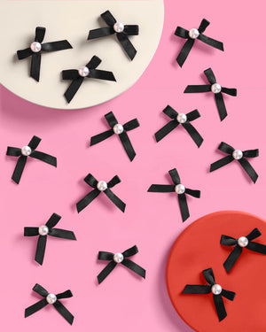 Black Bow Cake Toppers - 12 black + pearl cake toppers