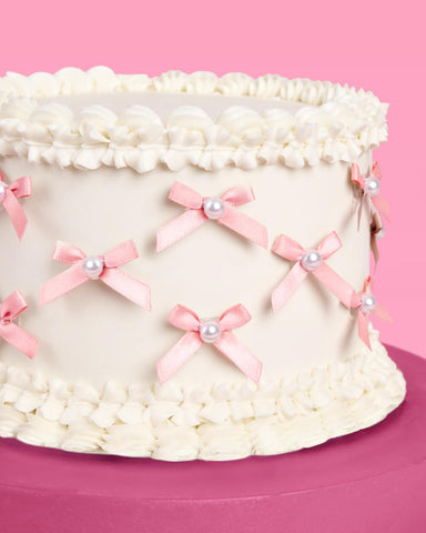 Pink Bow Cake Toppers - 12 pink + pearl cake toppers