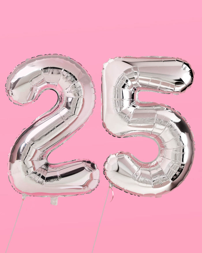 25 Number Balloons - 40" silver foil balloons