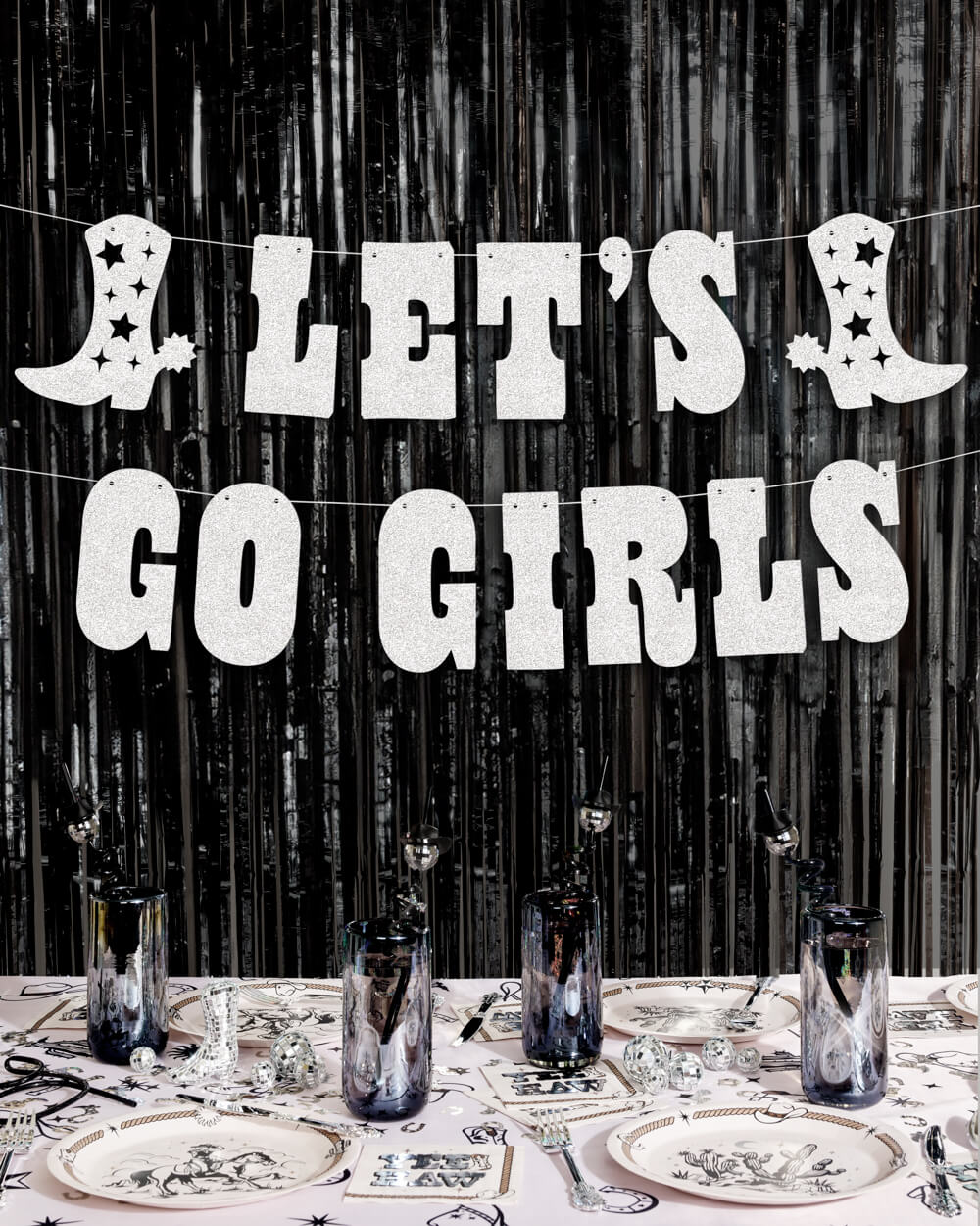 Let's Go Girls Banner - silver glitter banner