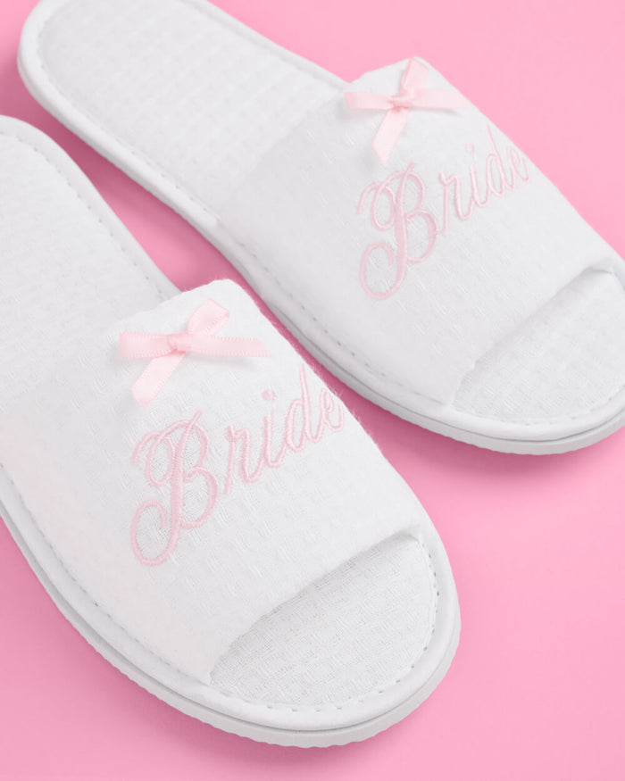 Bride Spa Slippers - white embroidered waffle slippers