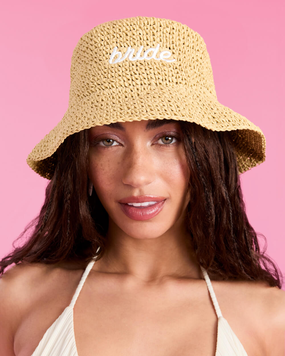 Straw Bride Bucket Hat - embroidered hat