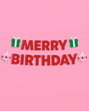 Merry Bday Banner - red glitter banner