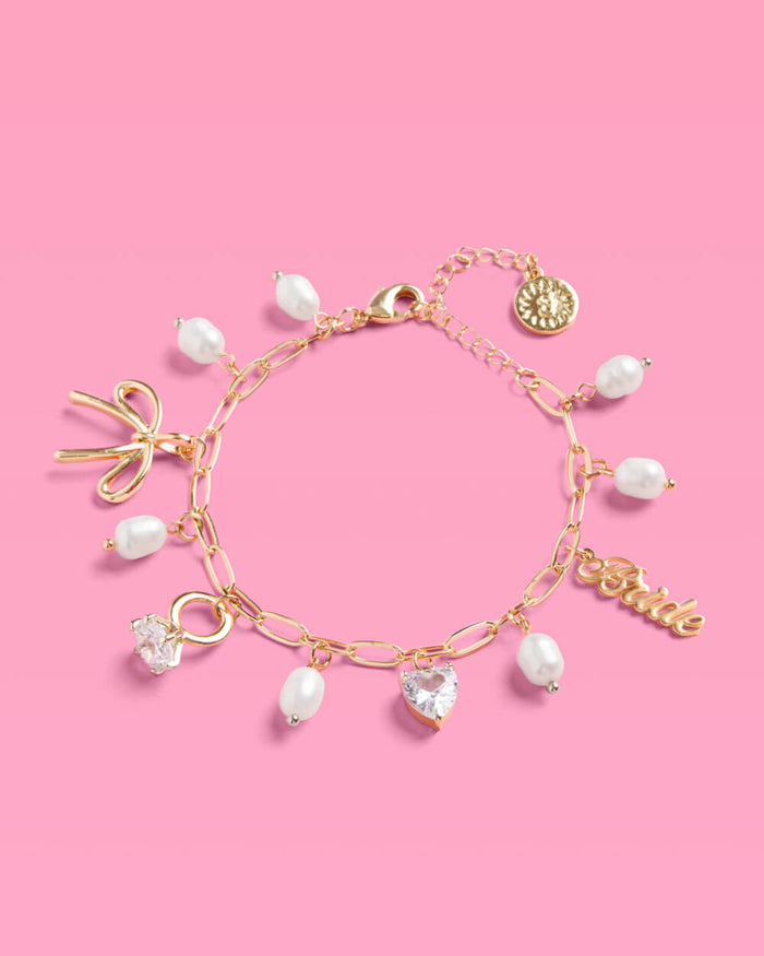 Bride Charm Bracelet - gold, rhinestones + pearls